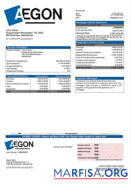 Printable Netherlands Aegon Bank mortgage statement Word and PDF template